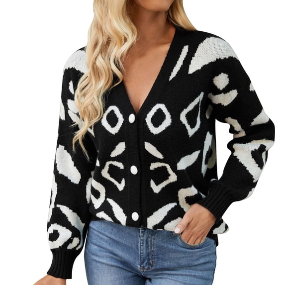 Womens Cardigan Sweaters Graphic Pattern Button Down Long Sleeve Open Front Knitted V Neck Sweater Coat Fall 2025 (L, Black)