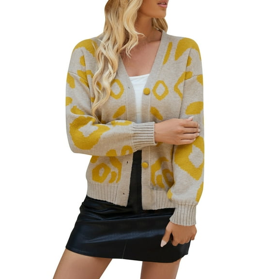 Womens Cardigan Sweaters Graphic Pattern Button Down Long Sleeve Open Front Knitted V Neck Sweater Coat Fall 2025 (XL, Khaki)