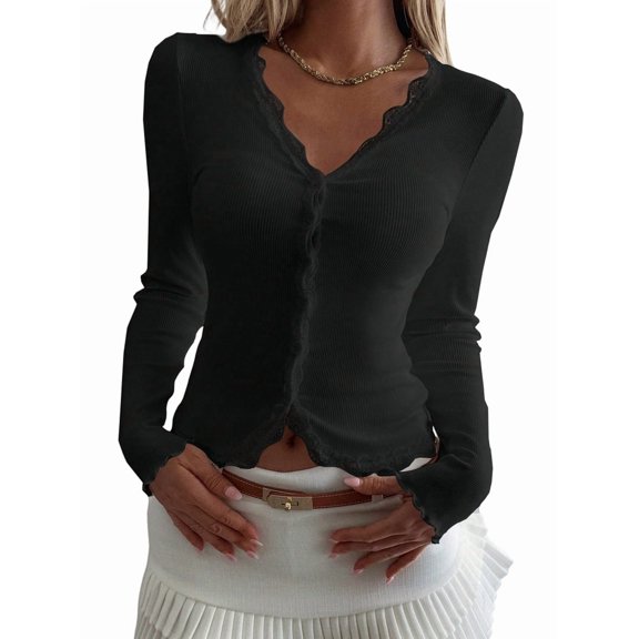 Womens Cardigan Sweaters Lace Ruffle Trim V Neck Long Sleeve Button Front Ribbed Knit Cute Fitted Crop Tops Black XL
