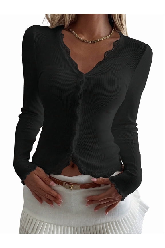 Womens Cardigan Sweaters Lace Ruffle Trim V Neck Long Sleeve Button Front Ribbed Knit Cute Fitted Crop Tops Black XL