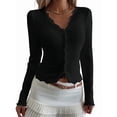 thumbnail image 1 of Womens Cardigan Sweaters Lace Ruffle Trim V Neck Long Sleeve Button Front Ribbed Knit Cute Fitted Crop Tops Black XXL, 1 of 9