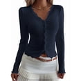 thumbnail image 1 of Womens Cardigan Sweaters Lace Ruffle Trim V Neck Long Sleeve Button Front Ribbed Knit Cute Fitted Crop Tops Navy Blue M, 1 of 9