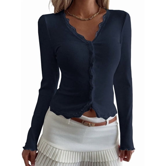 Womens Cardigan Sweaters Lace Ruffle Trim V Neck Long Sleeve Button Front Ribbed Knit Cute Fitted Crop Tops Navy Blue M