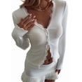 thumbnail image 1 of Womens Cardigan Sweaters Lace Ruffle Trim V Neck Long Sleeve Button Front Ribbed Knit Cute Fitted Crop Tops White M, 1 of 9