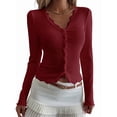 thumbnail image 1 of Womens Cardigan Sweaters Lace Ruffle Trim V Neck Long Sleeve Button Front Ribbed Knit Cute Fitted Crop Tops Wine Red S, 1 of 9