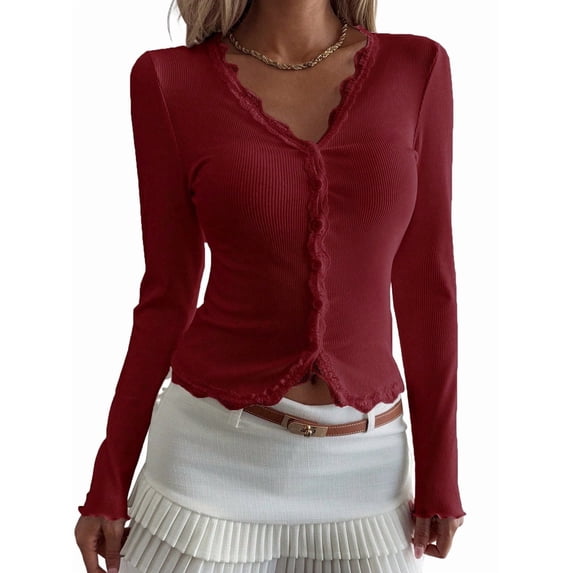 Womens Cardigan Sweaters Lace Ruffle Trim V Neck Long Sleeve Button Front Ribbed Knit Cute Fitted Crop Tops Wine Red S