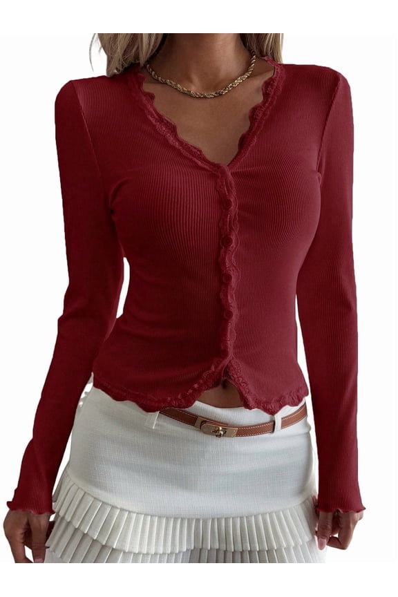 Womens Cardigan Sweaters Lace Ruffle Trim V Neck Long Sleeve Button Front Ribbed Knit Cute Fitted Crop Tops Wine Red XXL