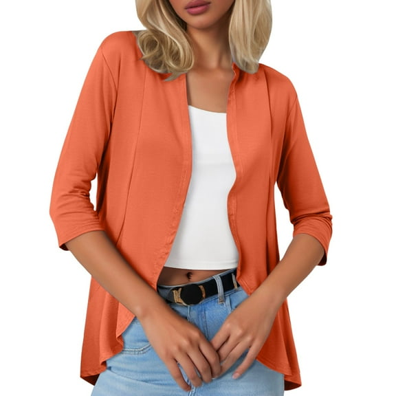 Womens Cardigan Sweaters Ladies 3/4 Sleeve Cardigan Solid Ruffled Sleeve Short Small Coat Cardigan Sweaters Orange XL