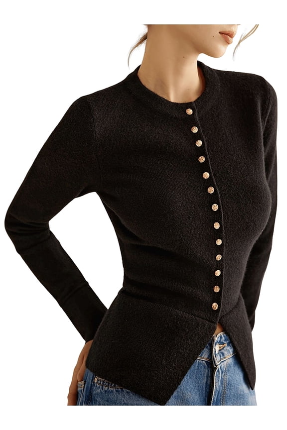 Womens Cardigan Sweaters Light Weight Long Sleeve Button Up Ribbed Knit Tops Spring Clothes Black XL