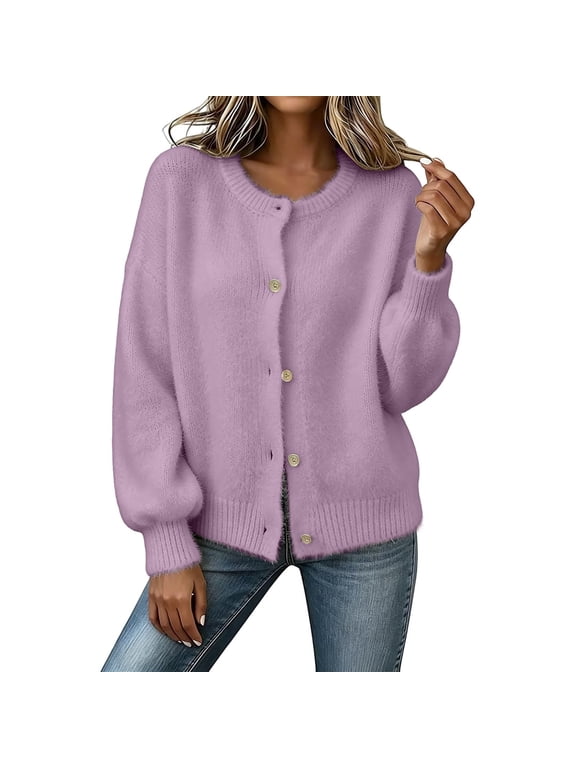 Womens Cardigan Sweaters Lightweight Button Down Long Sleeve Coat Fuzzy Crewneck Outwear Cute Fluffy Sweater Jackets,M