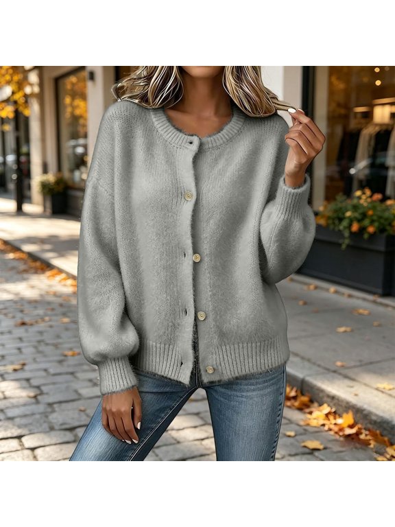 Womens Cardigan Sweaters Lightweight Button Down Long Sleeve Coat Fuzzy Crewneck Outwear Cute Fluffy Sweater Jackets,M