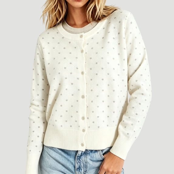 Womens Cardigan Sweaters Lightweight Long Sleeve Knit Crew Neck Button Down Open Front,Shrugs Cardigans Sweater Cropped,Polka Dot Jacquard Top Dressy Business Casual,Fall Outfits Jacket White