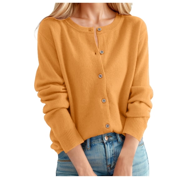 Womens Cardigan Sweaters Long Sleeve Knit Crew Neck Button Down Women Cardigan Open Front Yellow Cardigan Early Fall Fashion
