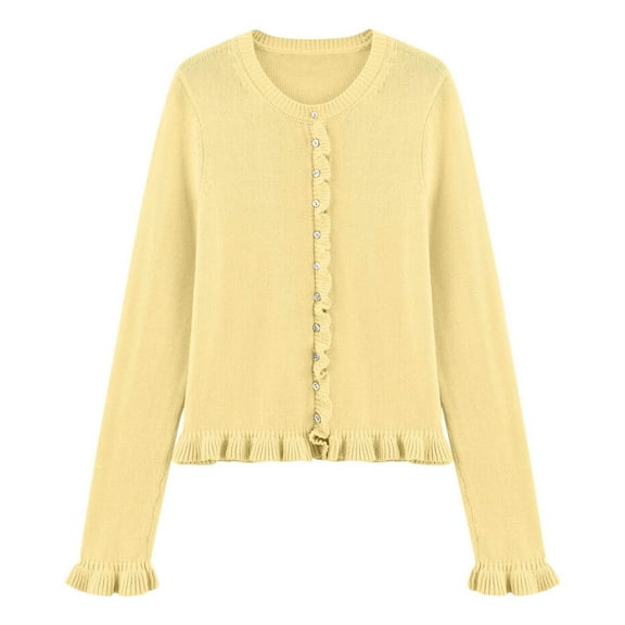 Womens Cardigan Sweaters Long Sleeve Knit Crew Neck Button Up Cardigans for Women Open Front Light Yellow Cardigan Womens Fall Clothes