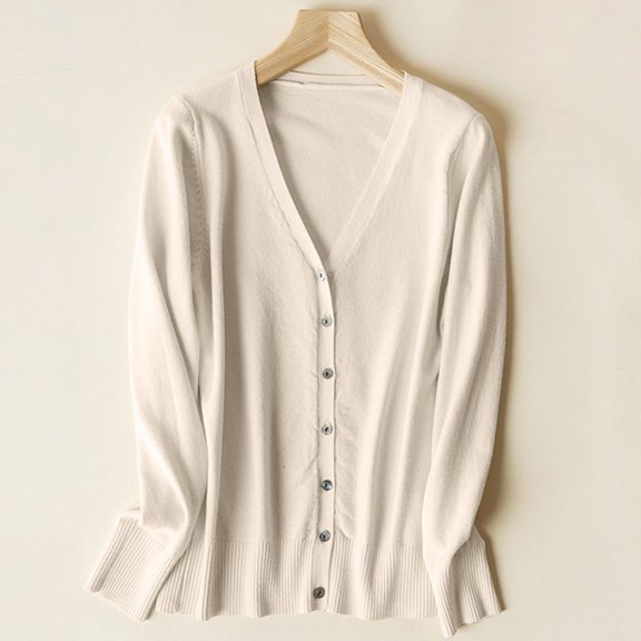 Womens Cardigan Sweaters Long Sleeve Knit V-Neck Button Down Cardigan for Women Open Front Beige Layering Top Fall Outfits