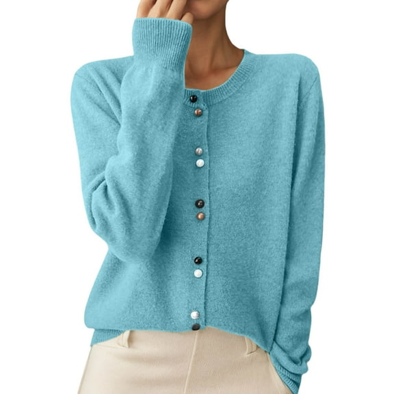 Womens Cardigan Sweaters Long Sleeve Round Neck Knitted Button Up Womens Lightweight Cardigan Open Front Blue Layering Top Women Fall Clothes