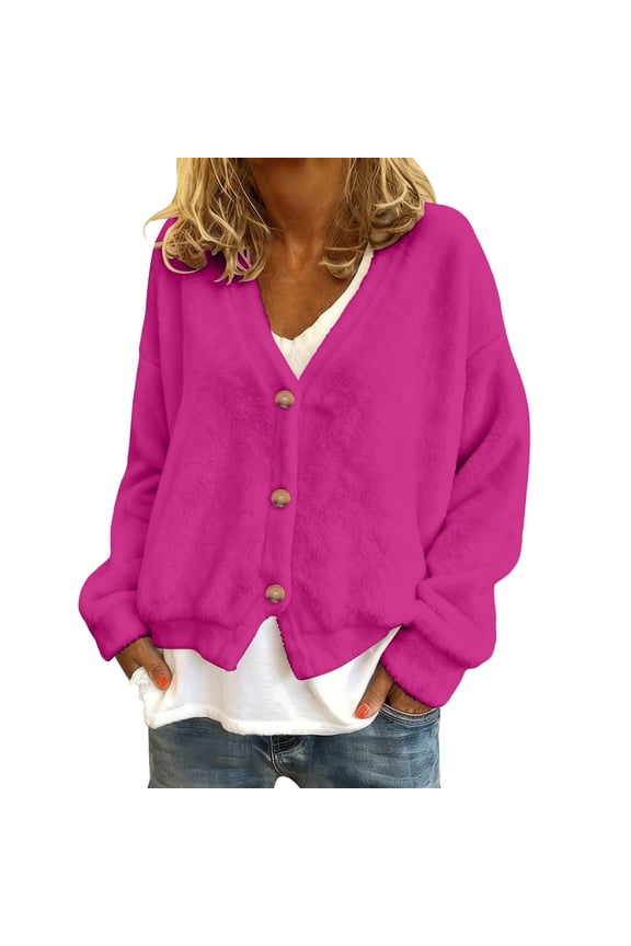 Womens Cardigan Sweaters Long Sleeve Solid Color V-Neck Knit Sweater Jacket Outerwear Button Down Open Front Cozy Casual Women's Sweaters
