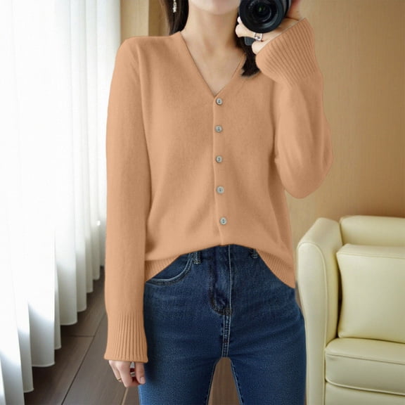 Womens Cardigan Sweaters Long Sleeve V Neck Knitted Button Down Light Weight Cardigan Women Open Front Gold Layering Top Early Fall Fashion