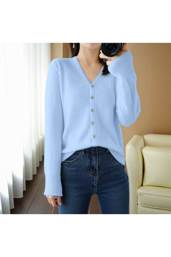 Womens Cardigan Sweaters Long Sleeve V Neck Knitted Button Down Sweaters for Women Open Front Sky Blue Sweaters Winter Essentials