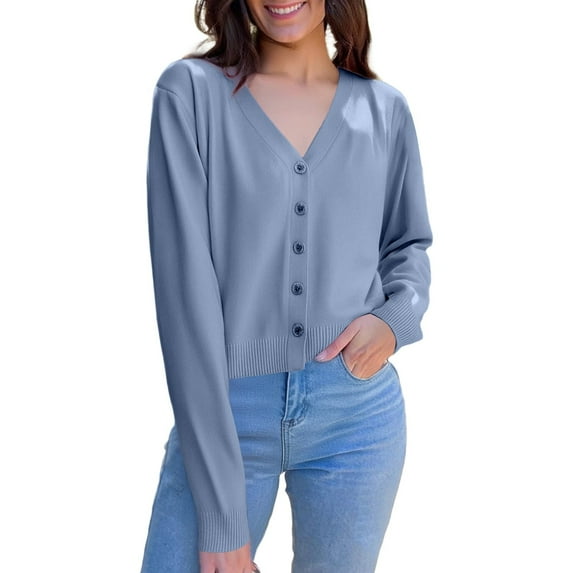 Womens Cardigan Sweaters Long Sleeve V Neck Knitted Button Up Light Cardigans for Women Open Front Blue Sweaters Ladies Clothes