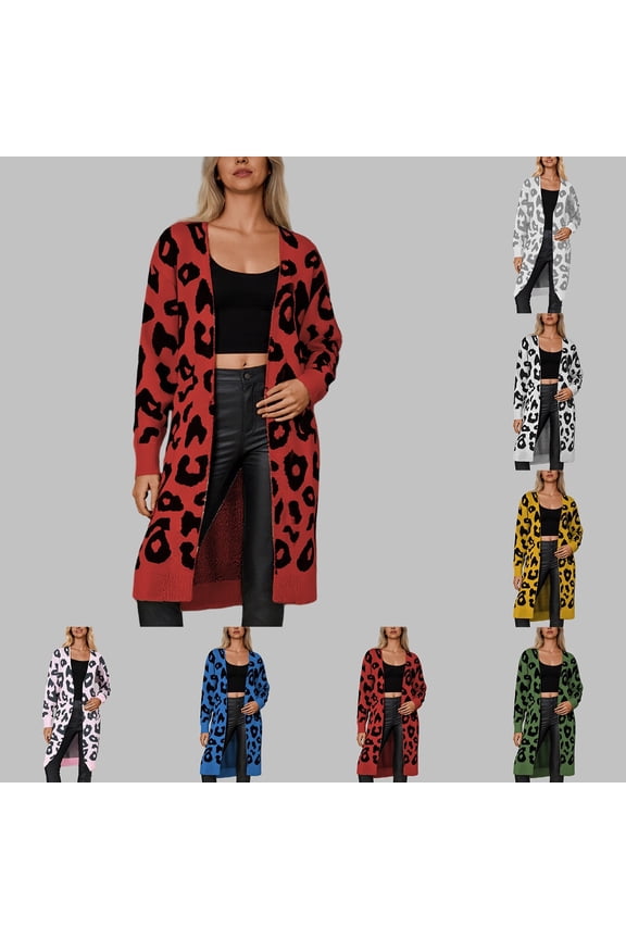 Womens Cardigan Sweaters Open Front Knit Long Sleeve Leopard Print Sweater with Oversized Pocket Fall Winter Fashion Casual Comfy Crew Neck Women's Sweaters Pink L