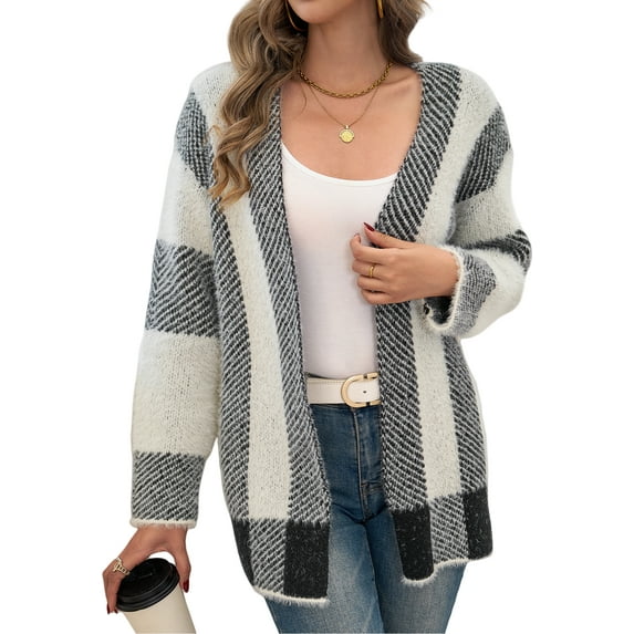 MLDRA Womens Cardigan Sweaters Open Front Color Block Stripe Long Sleeve Loose Knitted Casual Coats