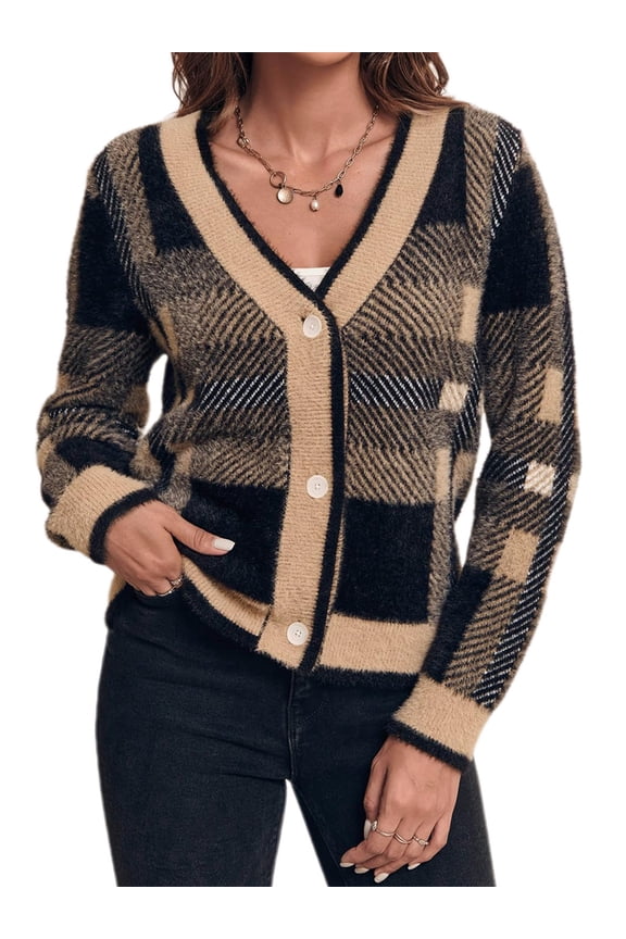 Womens Long Sleeve Cardigan Sweaters Plaid Fuzzy Knit V Neck Button Down Cardigans
