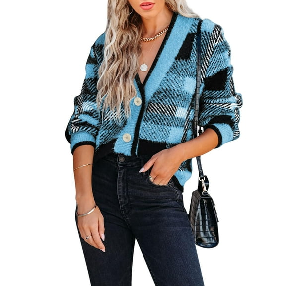 Womens Long Sleeve Cardigan Sweaters Plaid Fuzzy Knit V Neck Button Down Cardigans