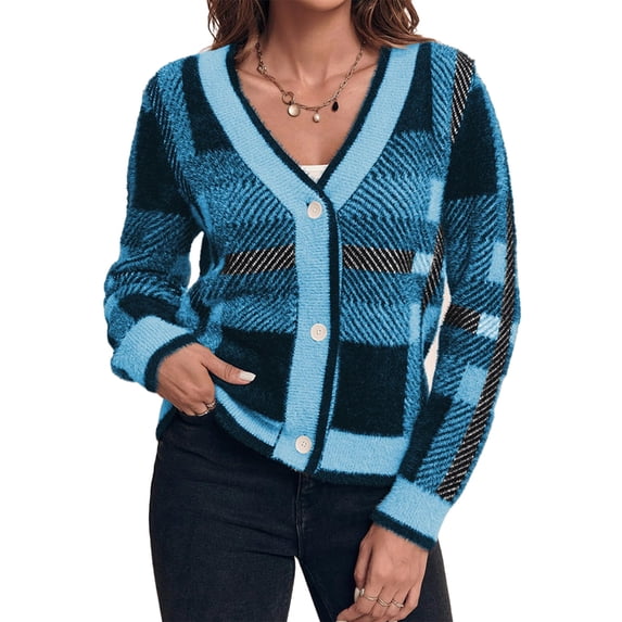 Womens Long Sleeve Cardigan Sweaters Plaid Fuzzy Knit V Neck Button Down Cardigans
