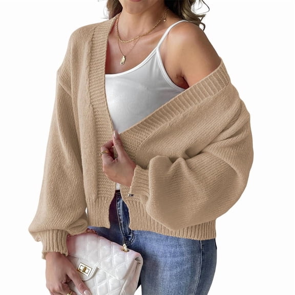 Womens Cardigan Sweaters Trendy Open Front Long Lantern Sleeve Chunky Knit Sweater Khaki M