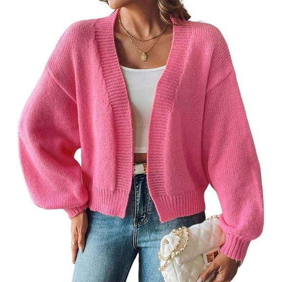 Womens Cardigan Sweaters Trendy Open Front Long Lantern Sleeve Chunky Knit Sweater Rose Red XL