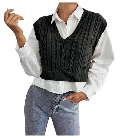 Womens Sweater Casual College Style Knitted Vest Sleeveless V-Neck Retro Fall Outfit,Black,L