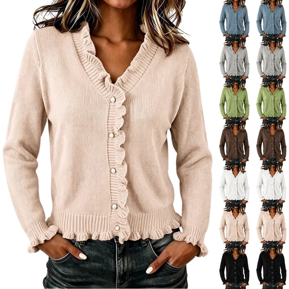 Womens Cardigan Sweaters Winter Fashion Ruffled Trim Knit Sweater V Neck Button Down Winter Sweaters Outerwear Coats