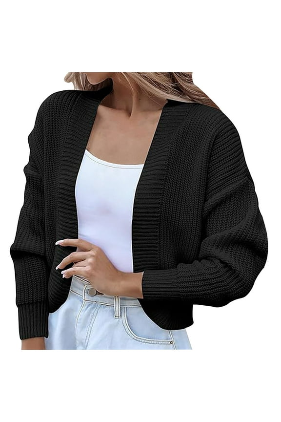 Womens Cardigan Sweaters, Women Open Front Ribbed Knit Crop Bolero Drop Shoulder Long Sleeve Solid Loose Fit Knitted Crop Cardigan Shrug