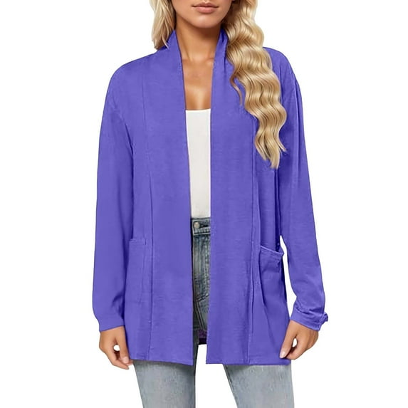 Womens Cardigan Sweaters Women Solid Cardigan With A Front Pocket Long Sleeved Loose Casual Thin Design Women's Cardigan Purple XL