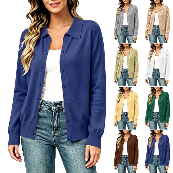 Womens Cardigan Sweaters Women's Solid Color Knitted Cardigan Long Sleeve Button Collared Hoodless Casual Outwear Navy M