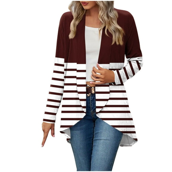 Womens Cardigan Tops Fall Trendy Striped Open Front Shirts Dressy Casual Long Sleeve Blouses Outwear Coat Wine, S
