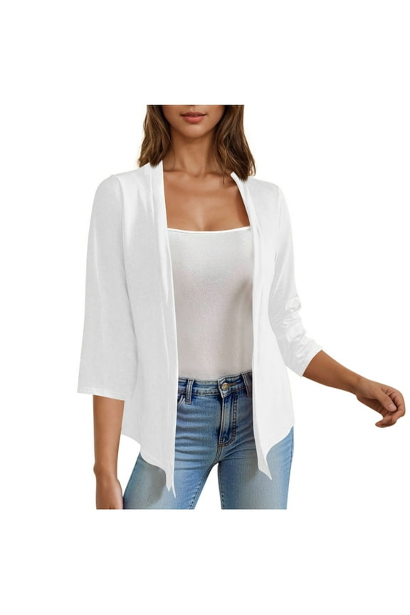 Womens Cardigan Tops Fashion 3/4 Length Sleeves Front Open Solid Color Loose Comfy Casual Beach Shirts Blouse White Medium