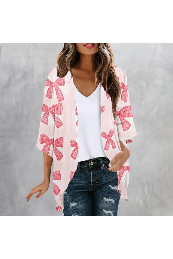 Womens Cardigan Tops Spring Summer Bow Ribbon Print Short Sleeve Casual Fashion Blouses