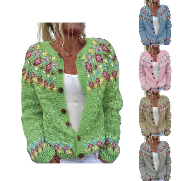 Womens Cardigan Vintage Polka Dot Pattern Button Down Knitted Sweater Outerwear Casual Long Sleeve Crew Neck Comfortable Fashion Sweaters for Women Green L