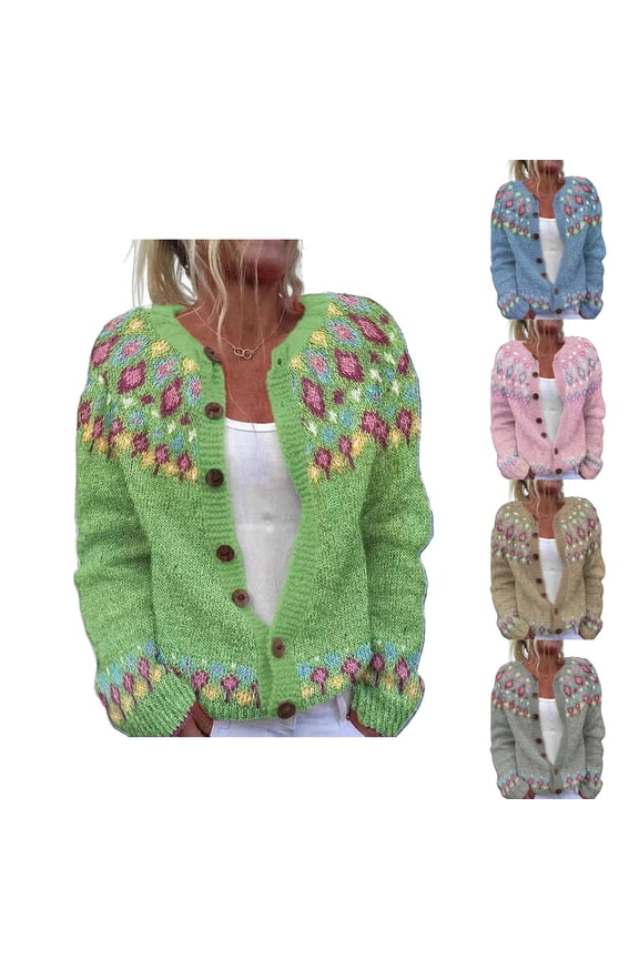 Womens Cardigan Vintage Polka Dot Pattern Button Down Knitted Sweater Outerwear Casual Long Sleeve Crew Neck Comfortable Fashion Sweaters for Women Green L