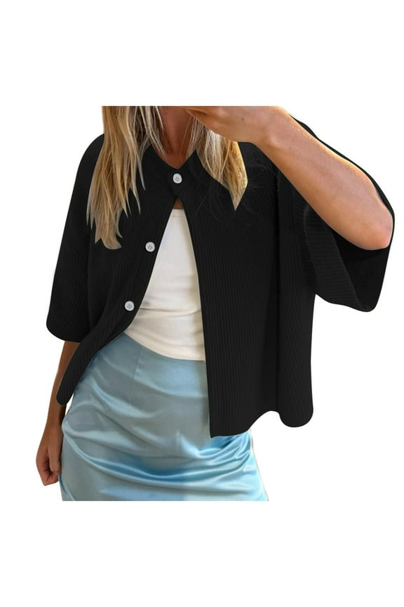 Womens Cardigan Weaters Button Down Short Sleeve Crew Neck Lightweight Sweater Spring Fall Knit Tops Black XXL