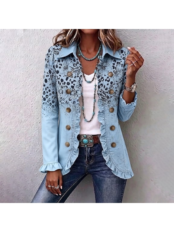 Womens Cardigan Western Ruffled Denim Jacket Long Sleeve Button Front Floral Print Casual Coat Vintage Outerwear For Daily Wear Party