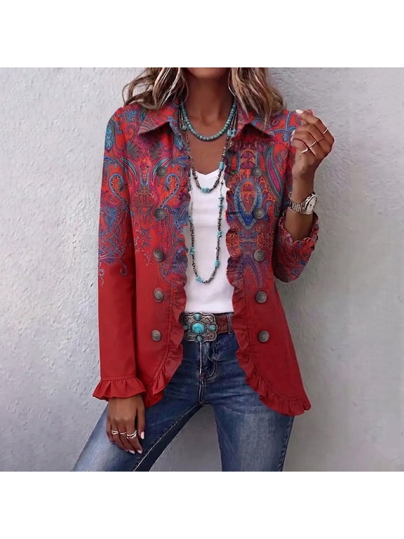 Womens Cardigan Western Ruffled Denim Jacket Long Sleeve Button Front Floral Print Casual Coat Vintage Outerwear For Daily Wear Party