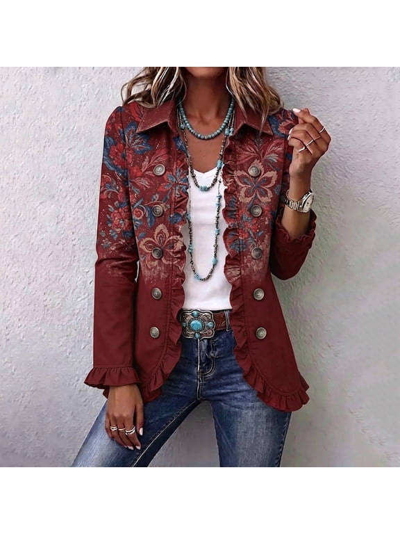 Womens Cardigan Western Ruffled Denim Jacket Long Sleeve Button Front Floral Print Casual Coat Vintage Outerwear For Daily Wear Party