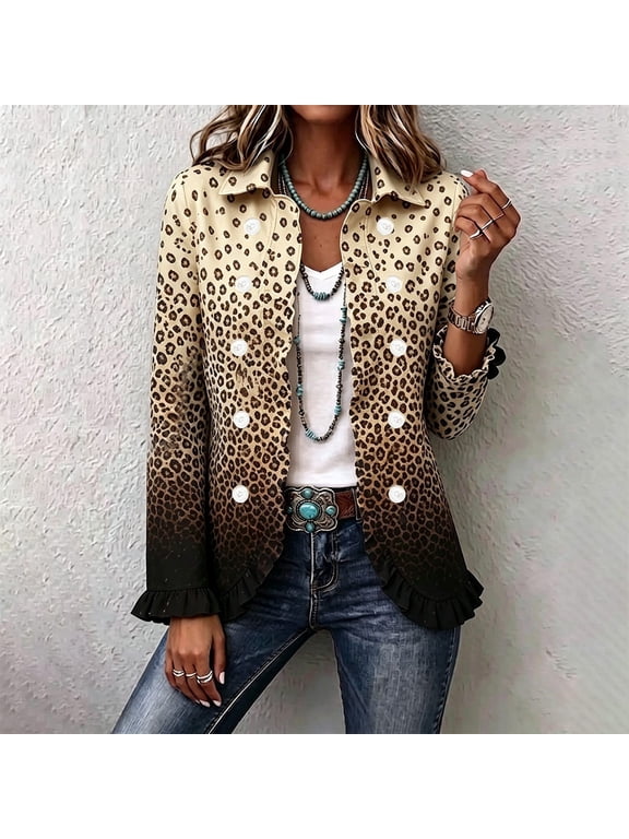 Womens Cardigan Western Ruffled Denim Jacket Long Sleeve Floral Print Button Front Casual Coat Vintage Outerwear for Daily Wear and Party