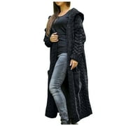 Womens Cardigan Winter Solid Solid Knitted Loose Hooded Long Cardigan Sweater Pocket Coat Black Xxl