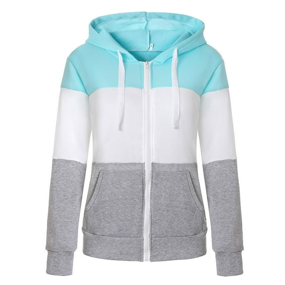 Womens Cardigan Zip Long Hood Hoodies Sleeve Thin PatchCasual Jacket Contrast Light Weight Cardigan