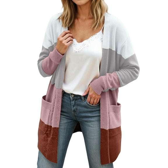 Womens Cardigan with Pockets Long Sleeve Color Block Knit Jacket Outerwear Loose Fit Open Front Cozy Casual Women's Sweaters