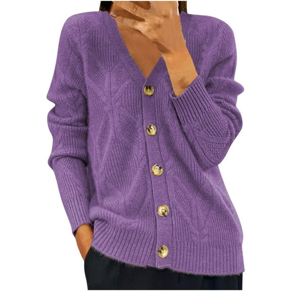 Womens Cardigans Lightweigh Solid Color Sweater Coat Long Sleeve V-Neck Knitted Top Single Breasted Jacket Fall Clothes 2024 (Purple M)